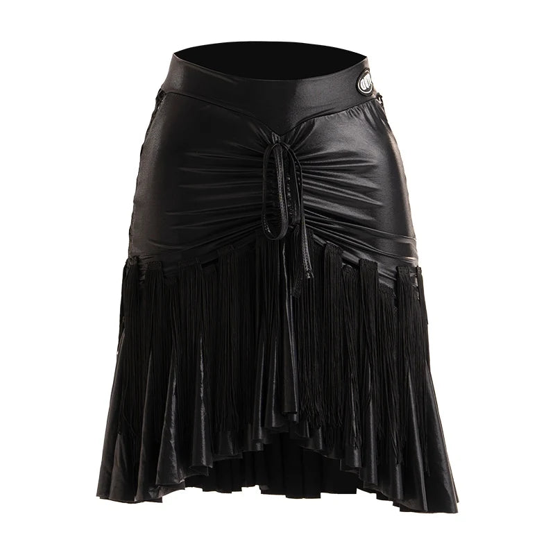 Women's Leopard Print Mesh Long Sleeve Bodysuit with Fringe Skirt Latin Dancewear