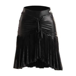 Women's Leopard Print Mesh Long Sleeve Bodysuit with Fringe Skirt Latin Dancewear