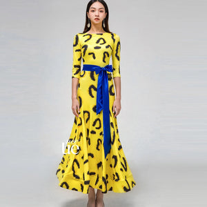 Women's Yellow Leopard Print Long Sleeve Ballroom Dance Dress with Blue Belt