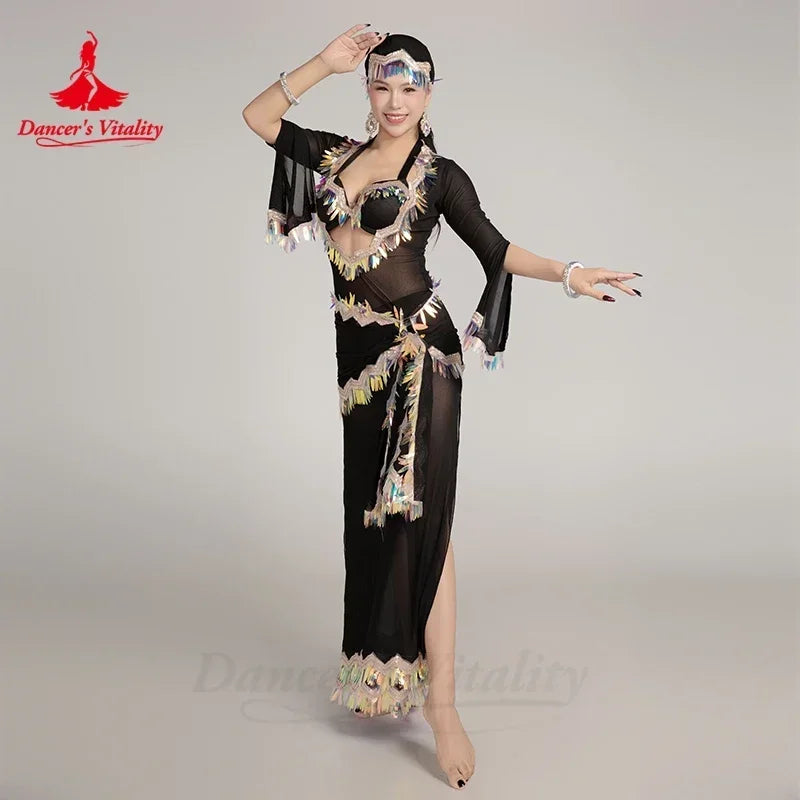 Belly Dance Costume Women's Lime Green Sequin Embellished Long Sleeve Bra Top & Skirt Set for Performance