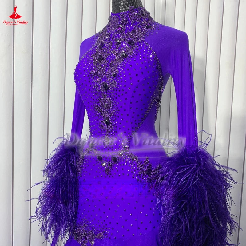 Adult Women's Ballroom Dance Dress With Turtleneck Full Skirt Purple For Waltz Foxtrot Tango Quickstep