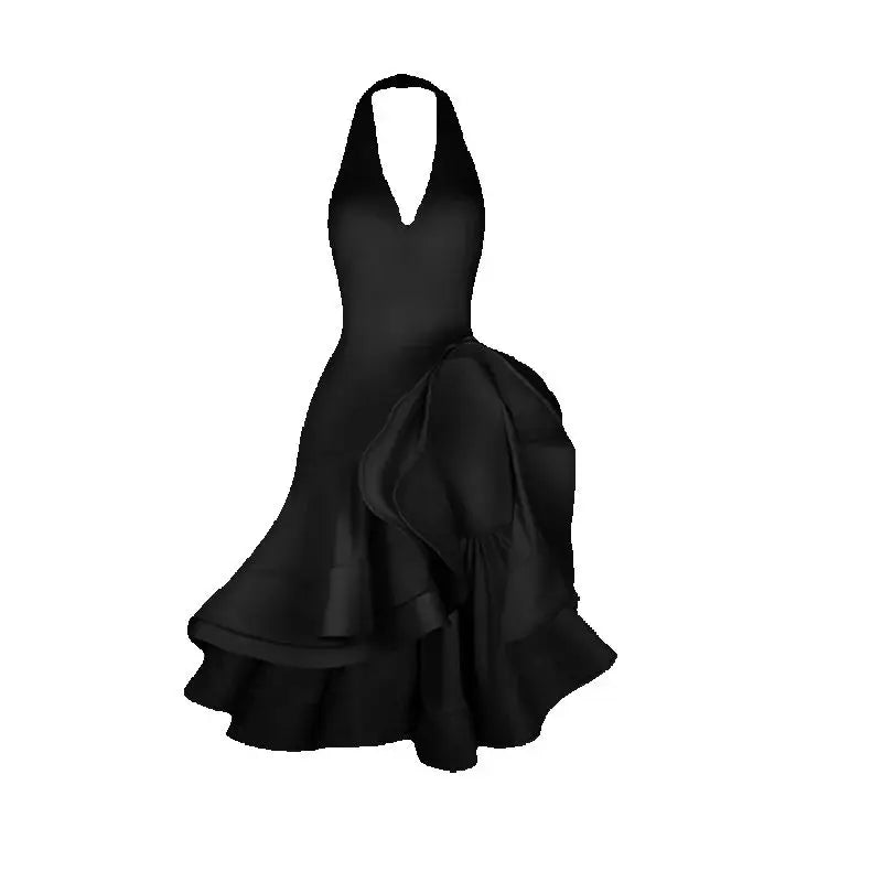 Women's Black Halter Neck Ruffled Latin Dance Dress
