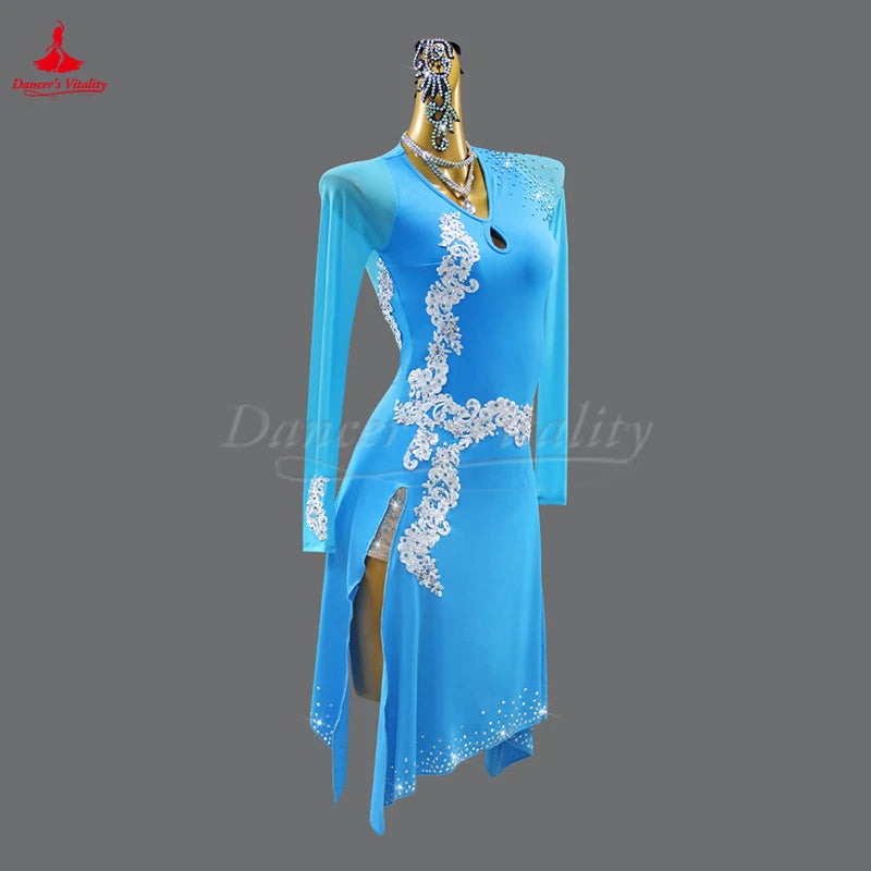 Latin Ballroom Dance Dress With Long Sleeves For Adults And Kids Competition And Graded Exam