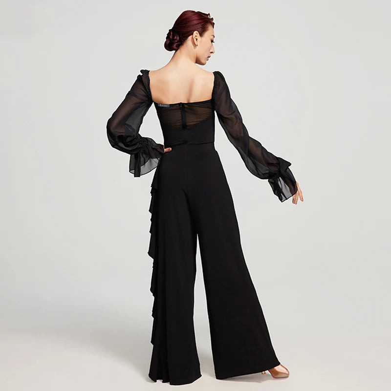 Women's Black & White Chiffon & Spandex Ruffled Wide-Leg Ballroom Dance Pants & Blouse Set
