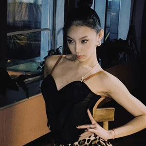 Women's Black Sweetheart Bodysuit with Leopard Print Jogger Pants, Ballroom Dance Outfit