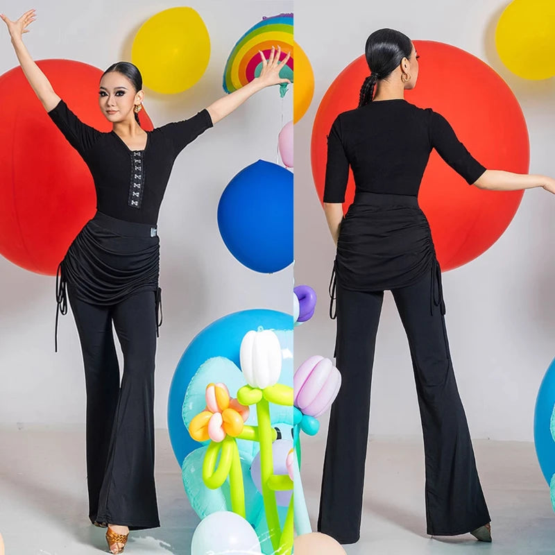 Women's Black Ruched Drawstring Waist Flared Leg Dance Pants