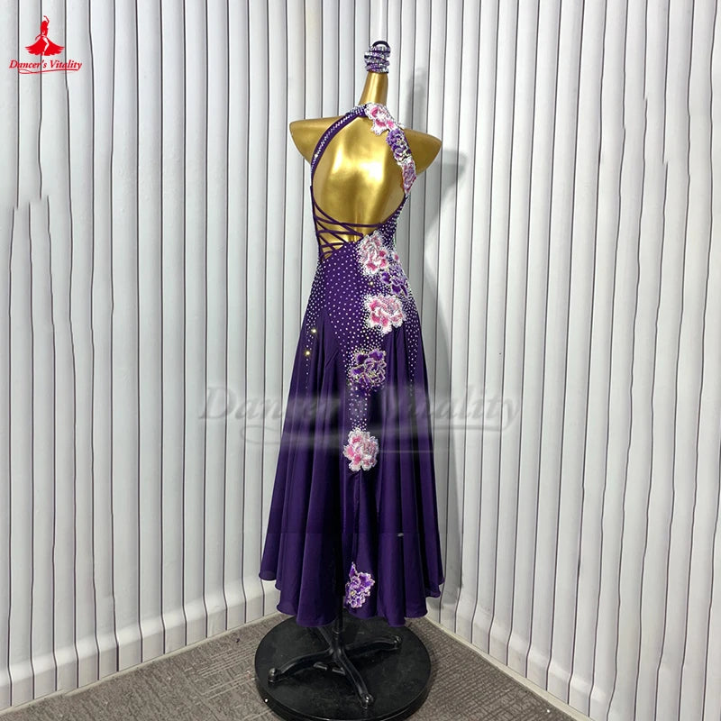 Women's Purple Halter Neck Rhinestone & Floral Applique Backless Standard Ballroom Dance Dress