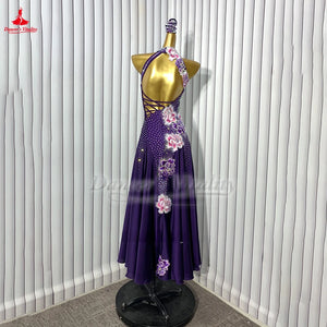 Women's Purple Halter Neck Rhinestone & Floral Applique Backless Standard Ballroom Dance Dress