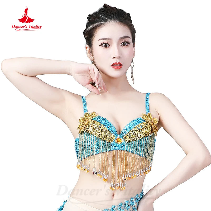 Women's Blue and Gold Sequin Beaded Fringe Belly Dance Bra Top