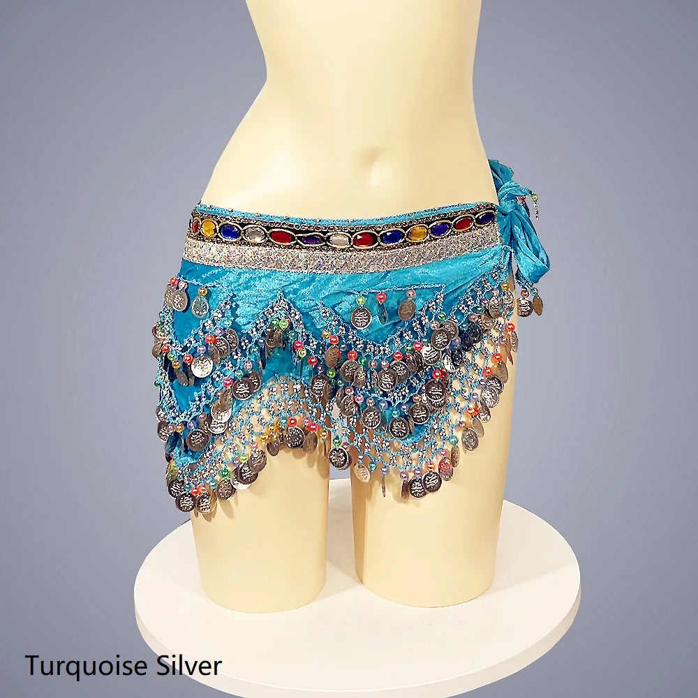 Belly Dance Hip Scarf, Women's Blue Gold Coin & Jewel Embellished Chiffon Waist Wrap, Tribal Fusion Bellydance