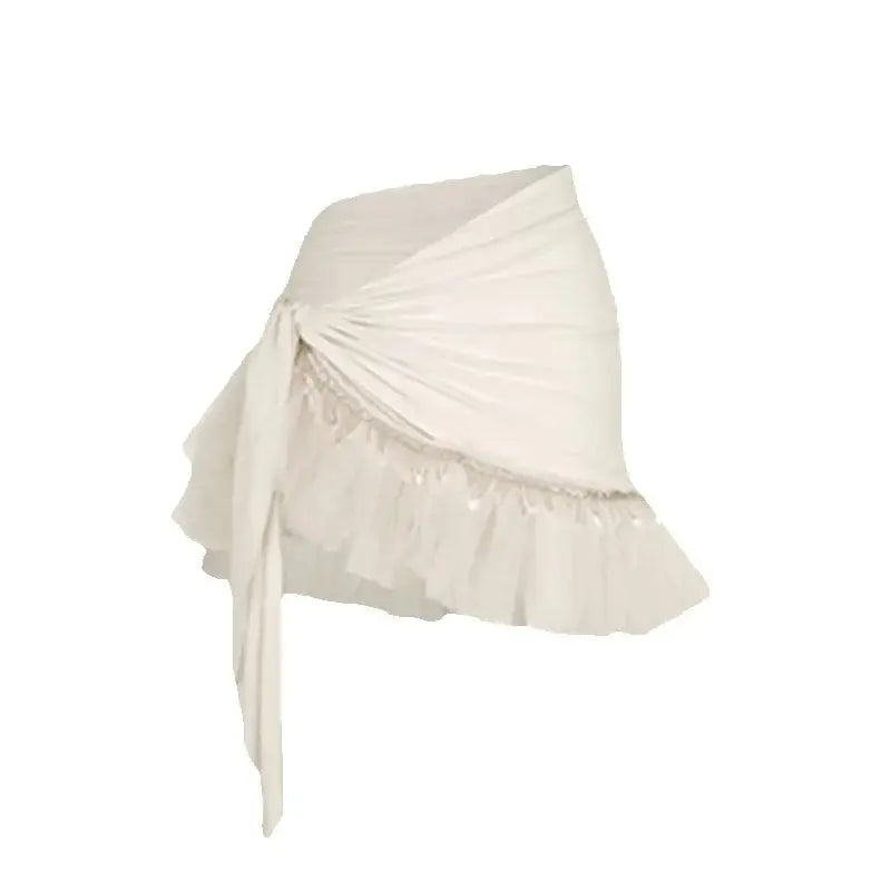 Women's Black, Pink, Ivory Long Sleeve V-Neck Wrap Bodysuit with Ruffled Tulle & Satin Tie Skirt for Latin Ballroom Dance