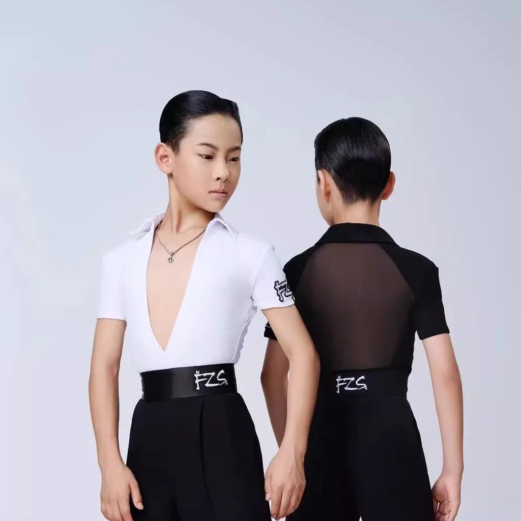 Boys' Black and White V-Neck Short Sleeve Ballroom Dance Shirts and Trousers Set