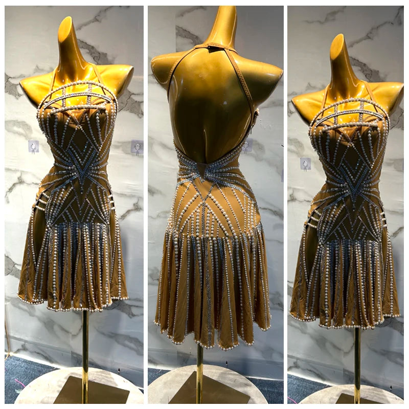 Adult Women's Gold Halter Neck Backless Pearl Embellished Fringe Latin Dance Dress