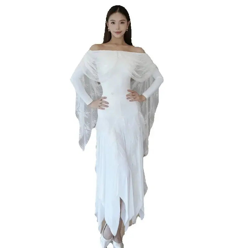 Women's White Off-Shoulder Long Sleeve Lace Ballroom Dance Dress with Asymmetrical Skirt