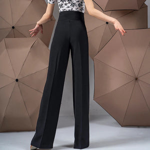 Women's Black & Green High Waist Pleated Wide Leg Ballroom Dance Pants