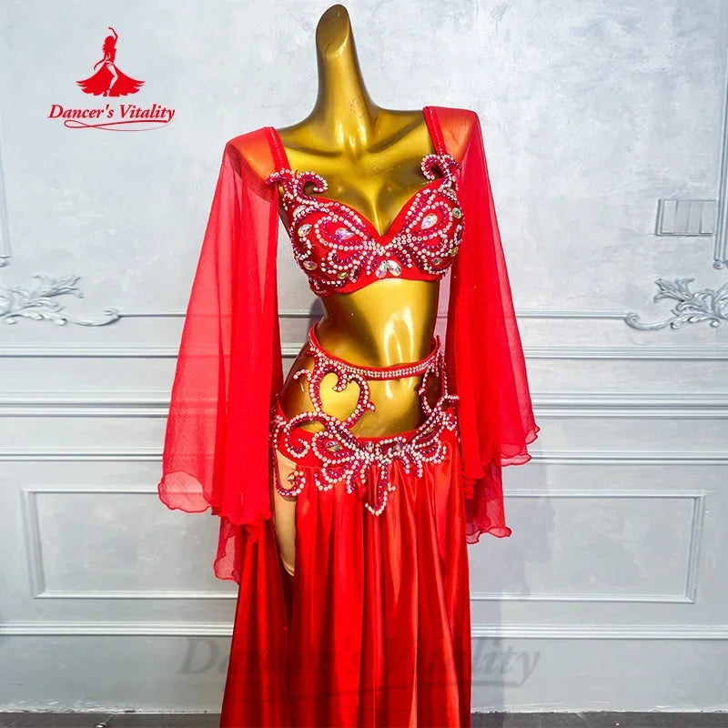 Women's Belly Dance Costume With AB Rhinestones Satin Two-Piece Set For Adult Professional Performance