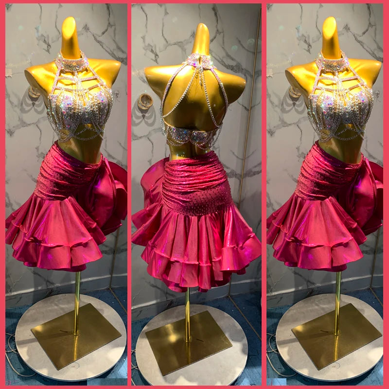 Latin Dance Dress Women's Hot Pink Sequin Halter Top Ruffled Skirt Set