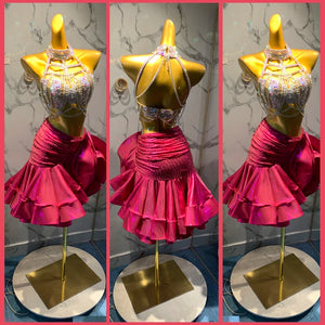 Latin Dance Dress Women's Hot Pink Sequin Halter Top Ruffled Skirt Set