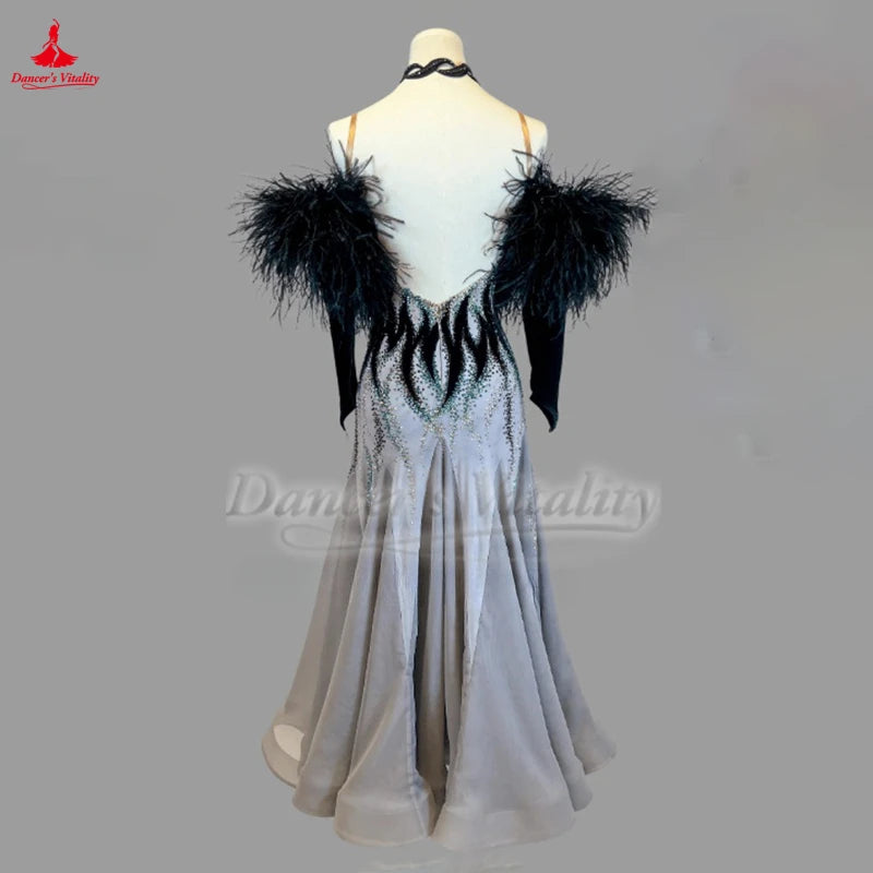 Ballroom Dance Dress Women's Gray with Black Feather Sleeves and Beaded Flame Design Standard Smooth Gown