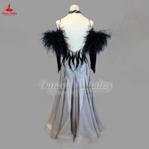 Ballroom Dance Dress Women's Gray with Black Feather Sleeves and Beaded Flame Design Standard Smooth Gown