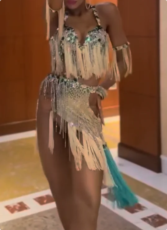 Belly Dance Costume Women's Emerald Green & Silver Sequin Fringe Halter Top & Skirt Set with Armbands, Belly Dance