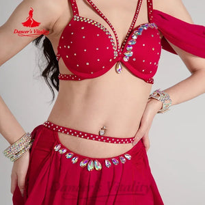 Belly Dance Costume, Women's Hot Pink Chiffon Beaded Halter Top & Skirt Set, Flowy Performance Apparel
