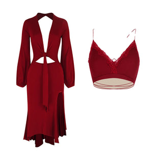 Women's Burgundy & Black Tie-Front Long Sleeve Cutout Latin Dance Dress with Lace Bralette