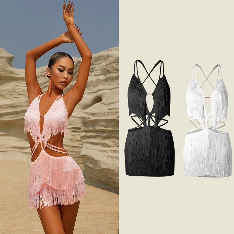 Lyrical Dance Dress Women's Pink Fringe Cutout Halter Mini Dress, Latin Dance Dress Women's Black Fringe Cutout Halter Mini Dress, Latin Dance Dress Women's White Fringe Cutout Halter Mini Dress