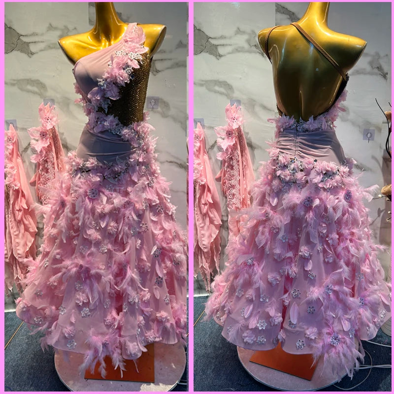 Ballroom Dance Dress Women's Pink One-Shoulder Feathered Floral Applique Latin Standard Dance Gown