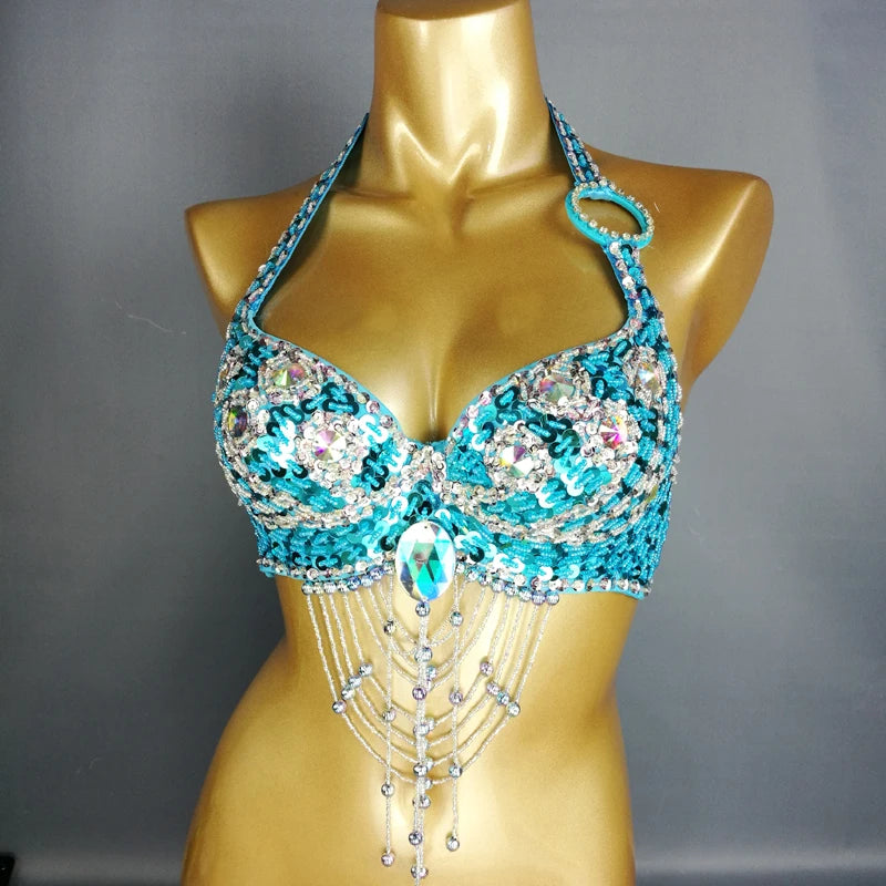 Belly Dance Halter Top, Women's Teal Sequin & Beaded Crystal Bra with Dangles, Performance Costume
