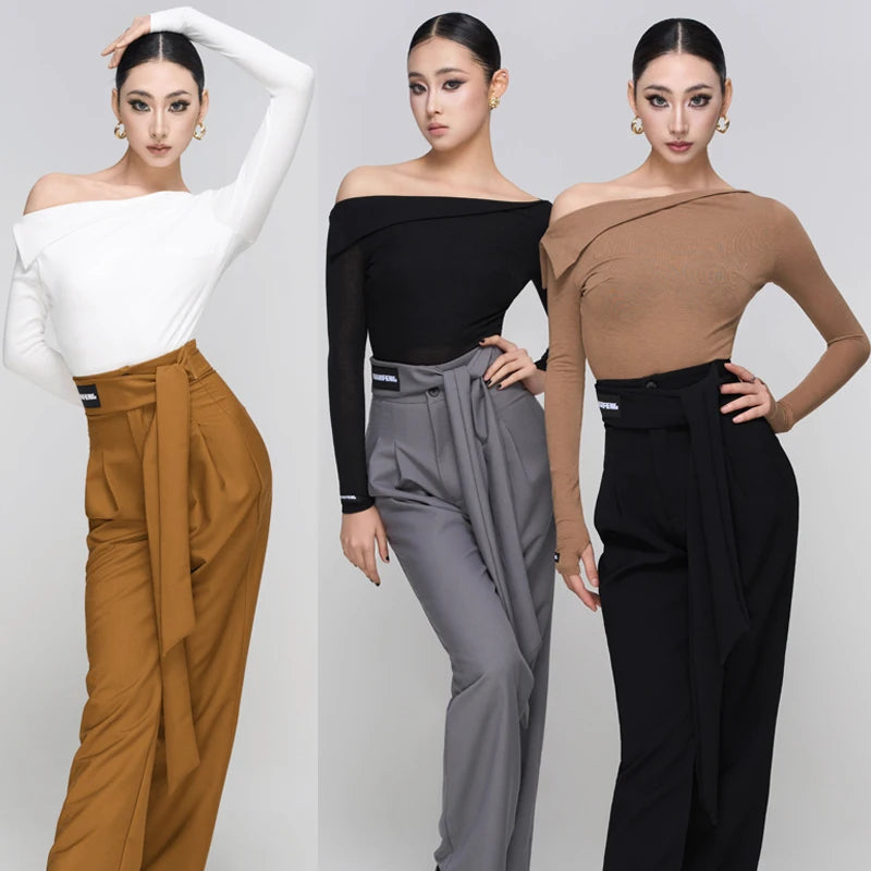 Women's Off-Shoulder Long Sleeve Dance Top, White, Black, or Tan, with High-Waisted Wide Leg Trousers, Brown, Grey, or Black, for Latin Ballroom Dance