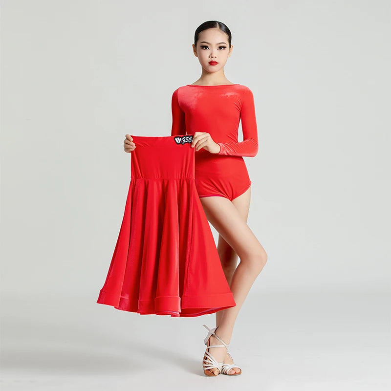 Girls' Velvet Long Sleeve Leotard & Skirt Set, Ballroom Latin Dance Costume