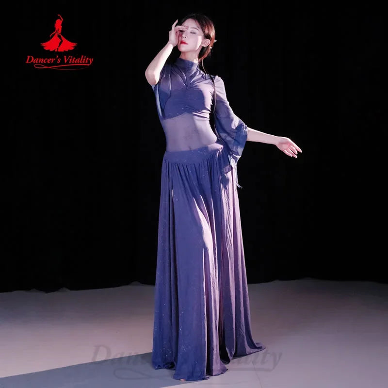 Women's Belly Dance Two-Piece Practice Set With Long-Sleeve Top And Long Tassel Skirt For Training