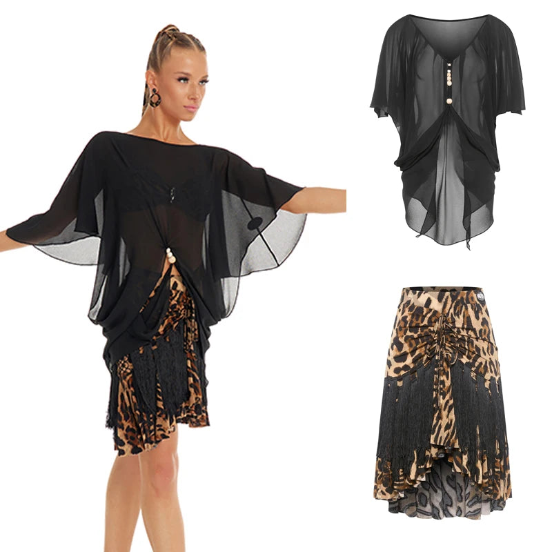 Women's Black Chiffon Batwing Sleeve Top with Leopard Print Fringe Latin Dance Skirt
