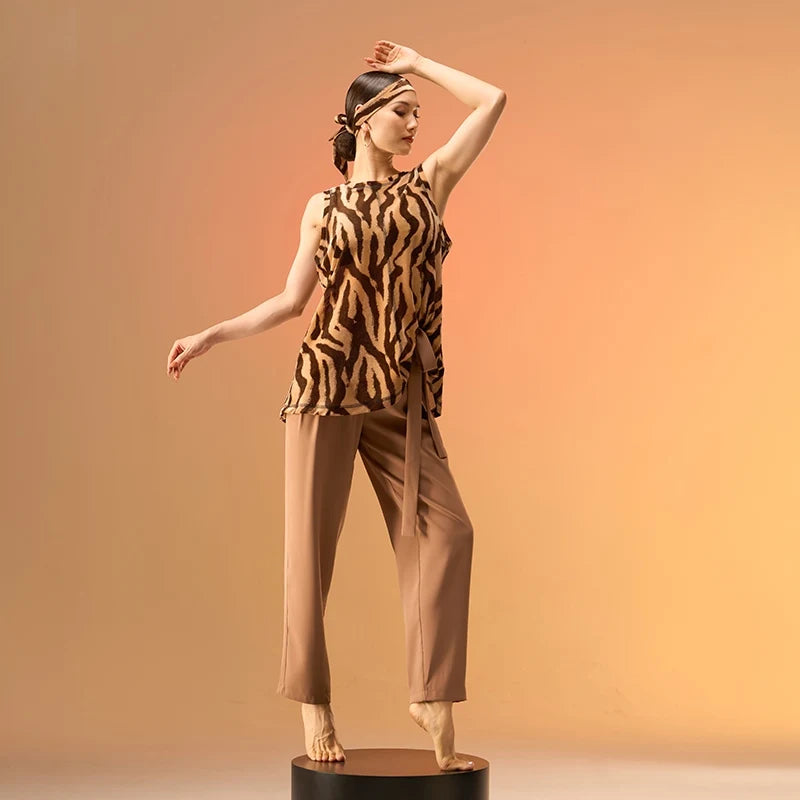 Women's Dark Mauve High-Waisted Pleated Tapered Dance Pants with Tie-Waist