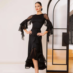 Ballroom Dance Dress Women's Yellow Mesh Ruffle Sleeve Asymmetrical Skirt, Ballroom Dance Dress Women's Black Mesh Ruffle Sleeve Asymmetrical Skirt