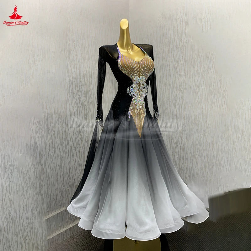 Women's Black and White Ombre Crystal Embellished Mesh Ballroom Dance Dress