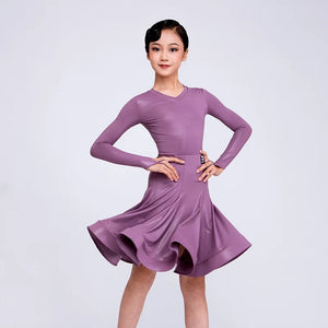 Girls' Latin Dance Dress, Long Sleeve, High Neck, Ruffled Skirt, Performance Leotard