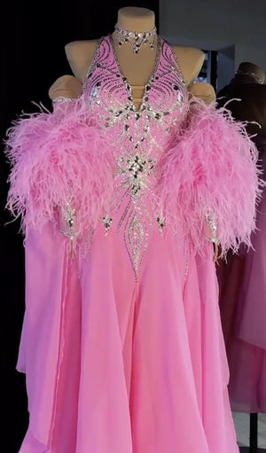 Ballroom Dance Dress Women's Pink Rhinestone Feather Halter Neck Chiffon Gown