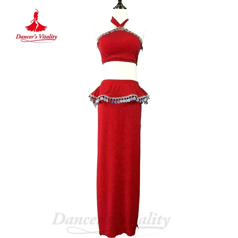 Belly Dance Costume Women's Red Halter Crop Top & Sequin Ruffle Maxi Skirt Set, Shimmer Fabric