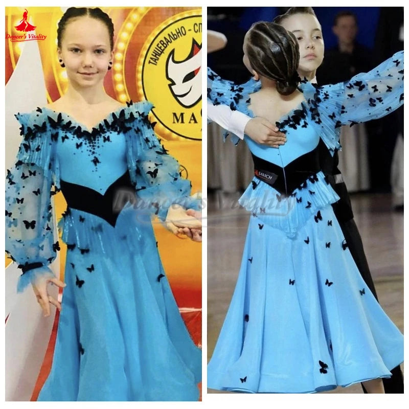 Ballroom Dance Dress Girls Blue Black Butterfly Mesh Long Sleeve Smooth Standard