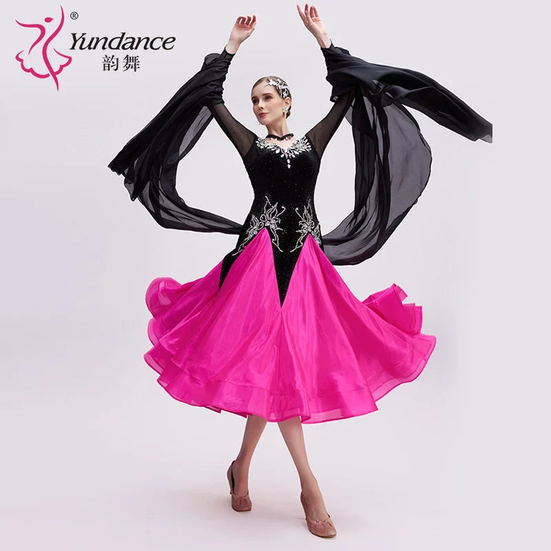 Girls' Standard Ballroom Dance Dress With Full Circle Skirt For Competition