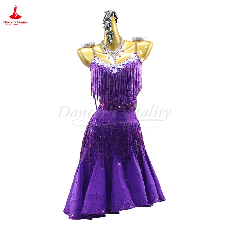 Women's And Girls Custom Latin Ballroom Competition Dance Dress With Fishbone Skirt