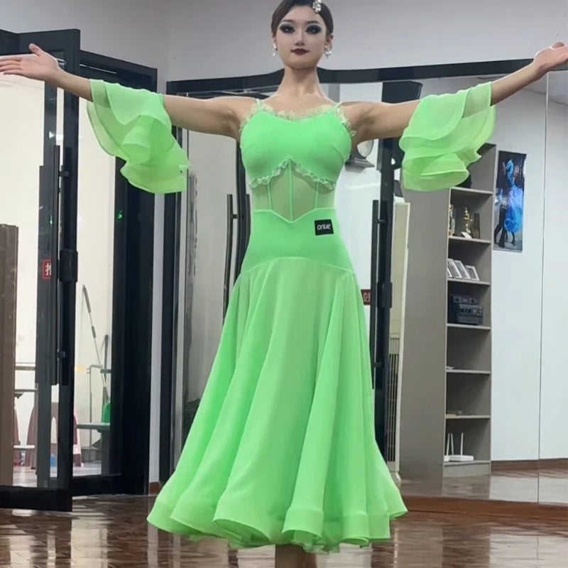 Women's Green Lace Mesh Ruffle Sleeve Ballroom Dance Dress, Women's Pink Lace Mesh Ruffle Sleeve Ballroom Dance Dress