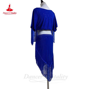 Belly Dance Costume Women's Royal Blue Fringe Crop Top and Asymmetrical Skirt Set with Sequins