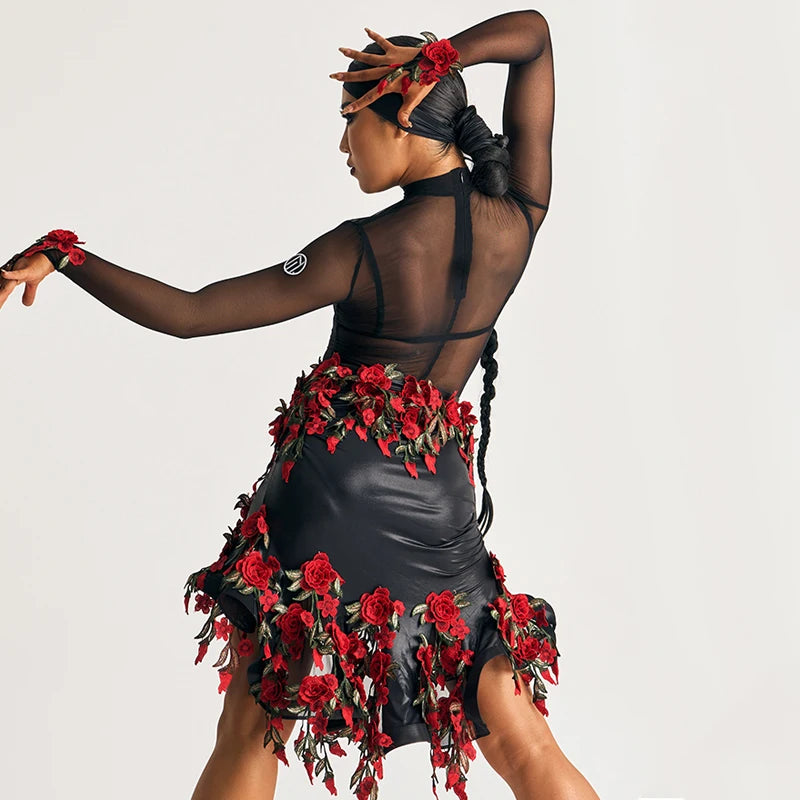 Women's Black Sheer Mesh Bodysuit & Rose Applique Asymmetrical Skirt Latin Dancewear Set