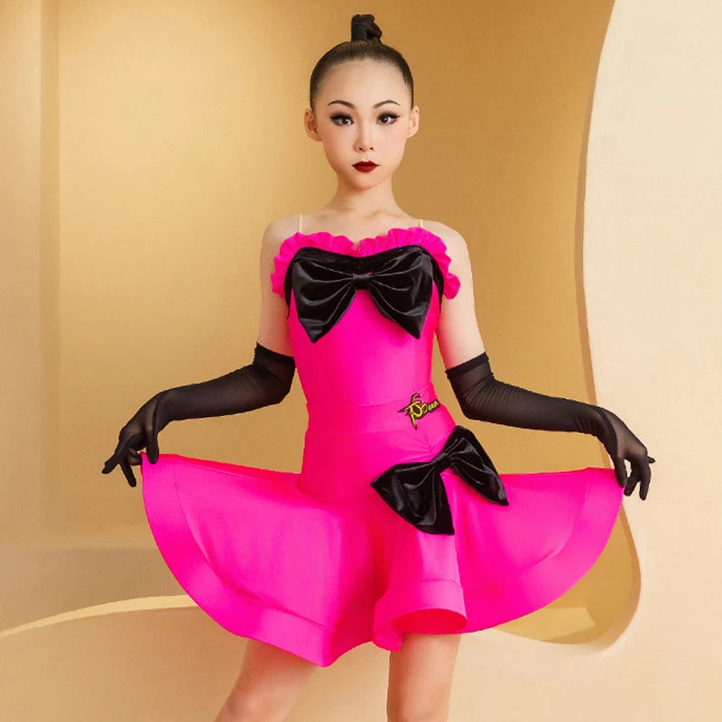 Girls Lyrical Latin Dance Dress, Hot Pink with Black Bows, Ruffled Neckline, Long Mesh Gloves