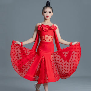 Kids Girls Latin Dance Dress, Red & Lavender Polka Dot Mesh Ruffle Salsa Ballroom Performance Costume