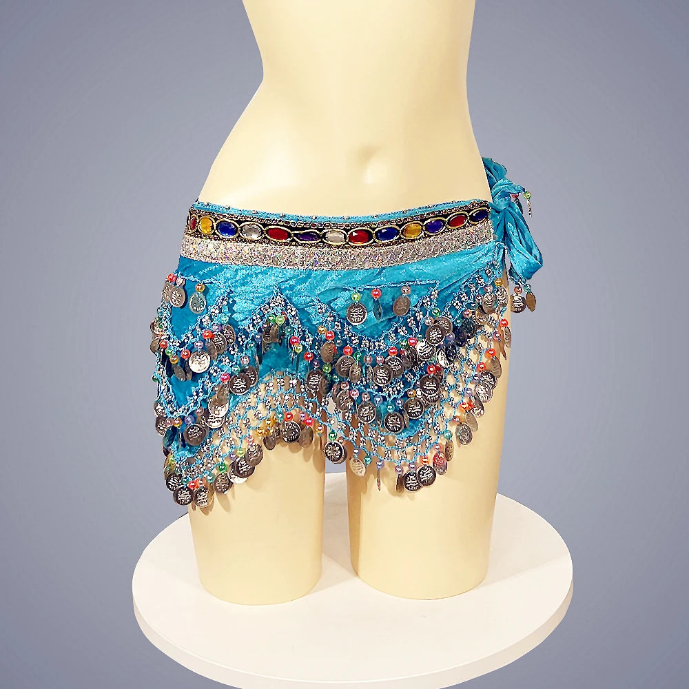 Belly Dance Hip Scarf, Women's Blue Gold Coin & Jewel Embellished Chiffon Waist Wrap, Tribal Fusion Bellydance