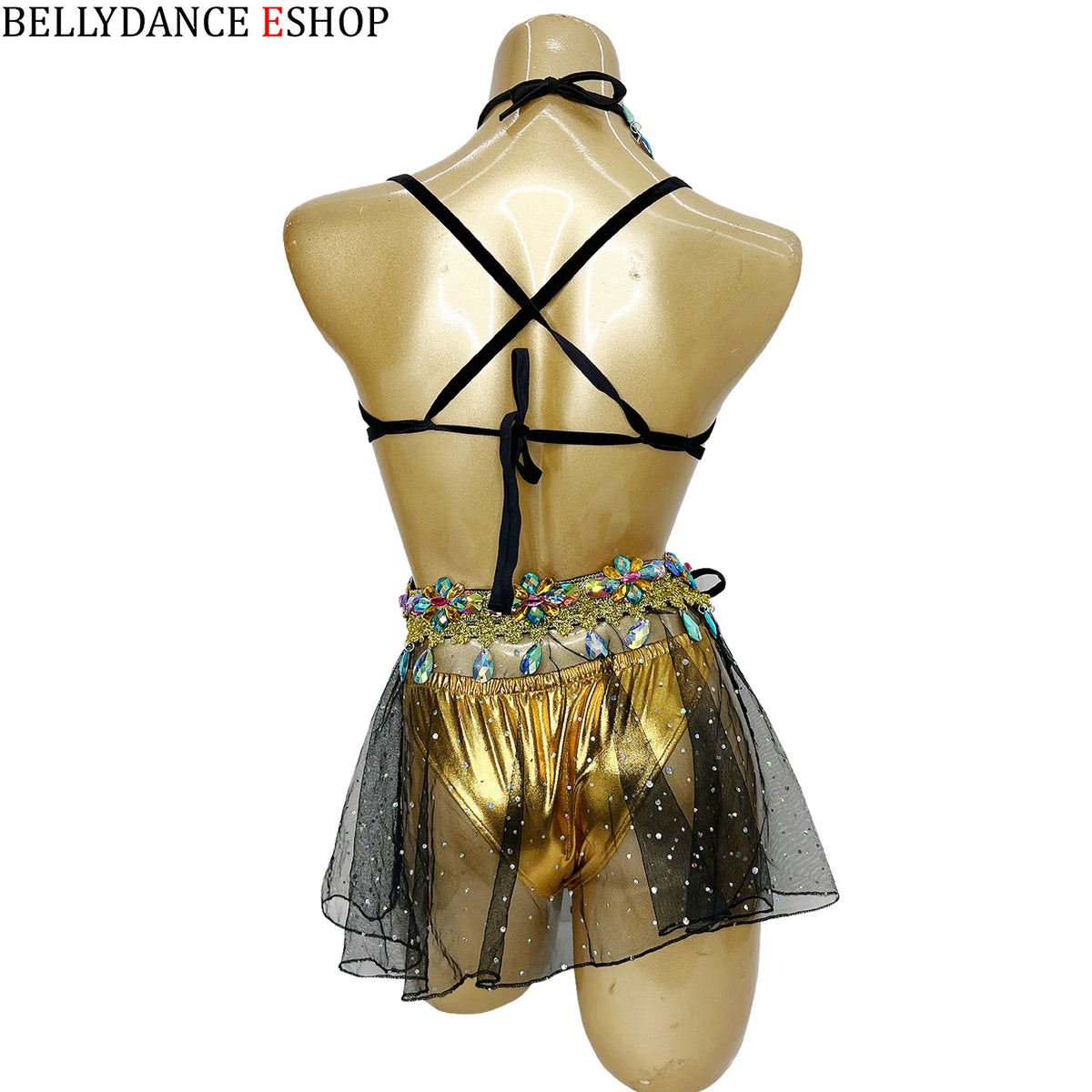 Belly Dance Women's Black and White Sequin Mesh Skirt and Rhinestone Bra Set, Carnival Festival Costume